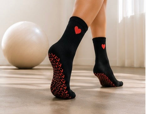 Non-Slip Black Heart-core Pilates Grip Socks – Crew Length Yoga Socks