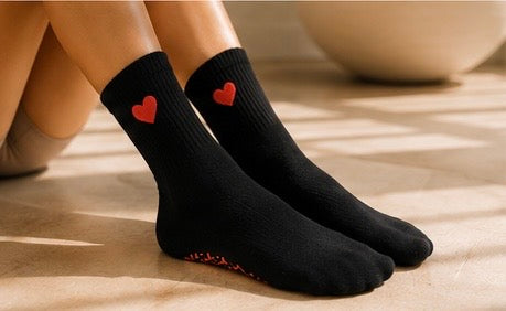 Non-Slip Black Heart-core Pilates Grip Socks – Crew Length Yoga Socks