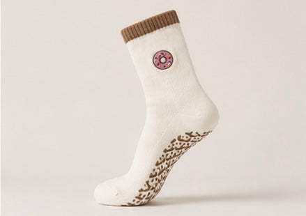 Non-Slip Cream Brown Donut Pilates Grip Socks – Crew Length Yoga Socks