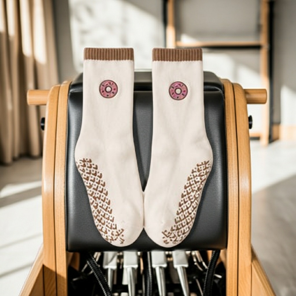 Non-Slip Cream Brown Donut Pilates Grip Socks – Crew Length Yoga Socks