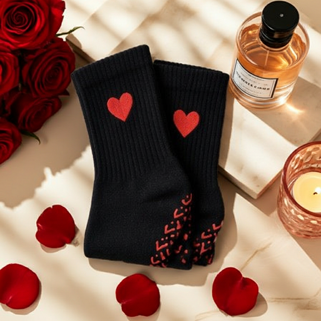 Non-Slip Black Heart-core Pilates Grip Socks – Crew Length Yoga Socks