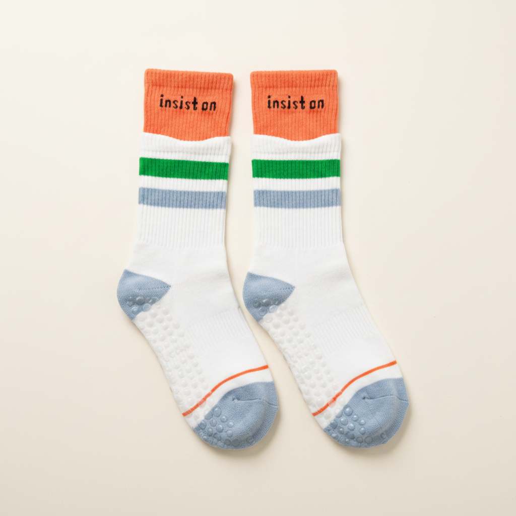 double cuff white and orange grip socks used for pilates & yoga