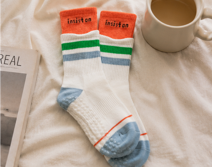 Non-Slip White Orange Double Cuff Pilates Grip Socks – Crew Length Yoga Socks
