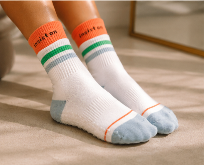 Non-Slip White Orange Double Cuff Pilates Grip Socks – Crew Length Yoga Socks