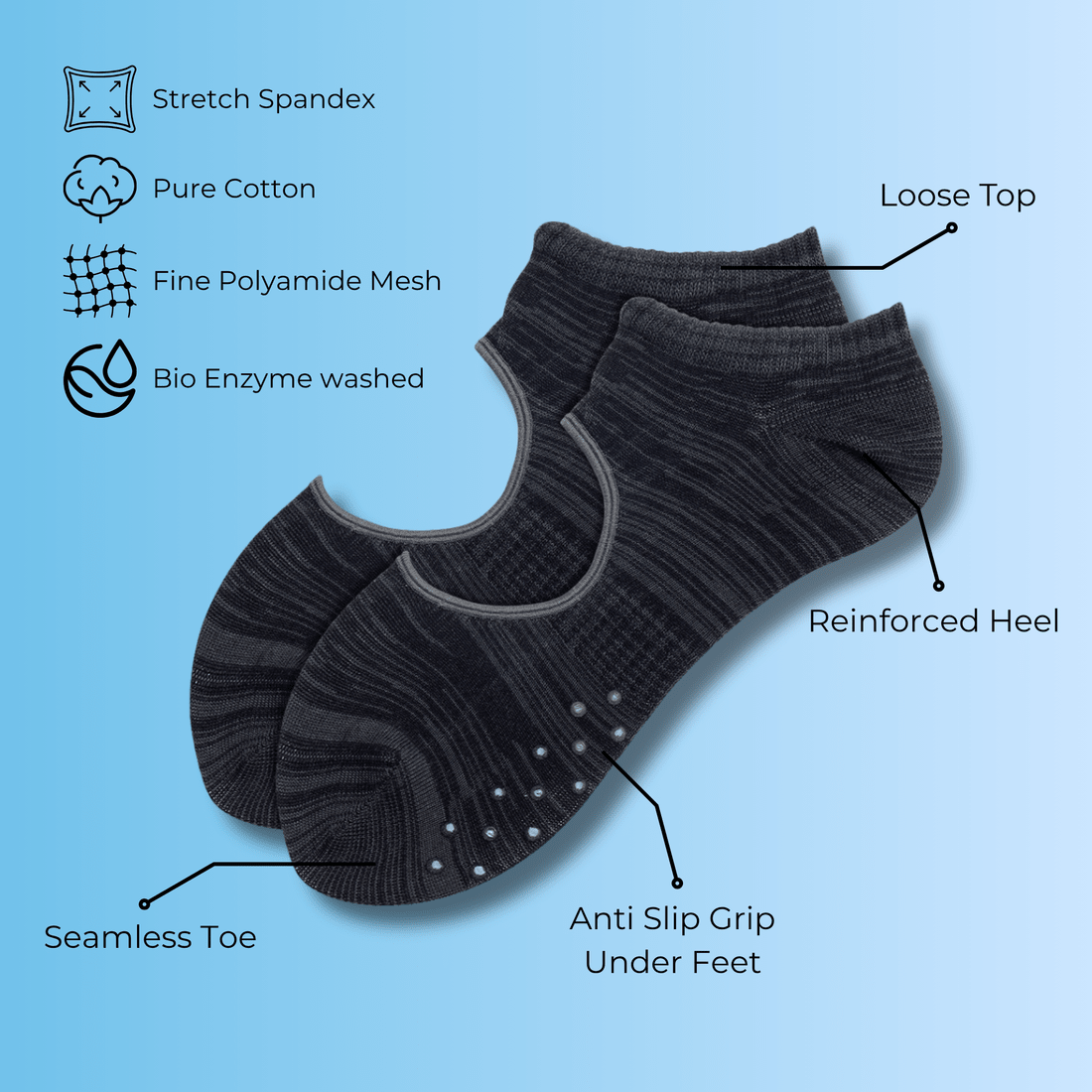 Shades of Grey Grip Pack (3 Pairs) | Yoga & Pilates Socks | Anti - Slip Control - Purestep